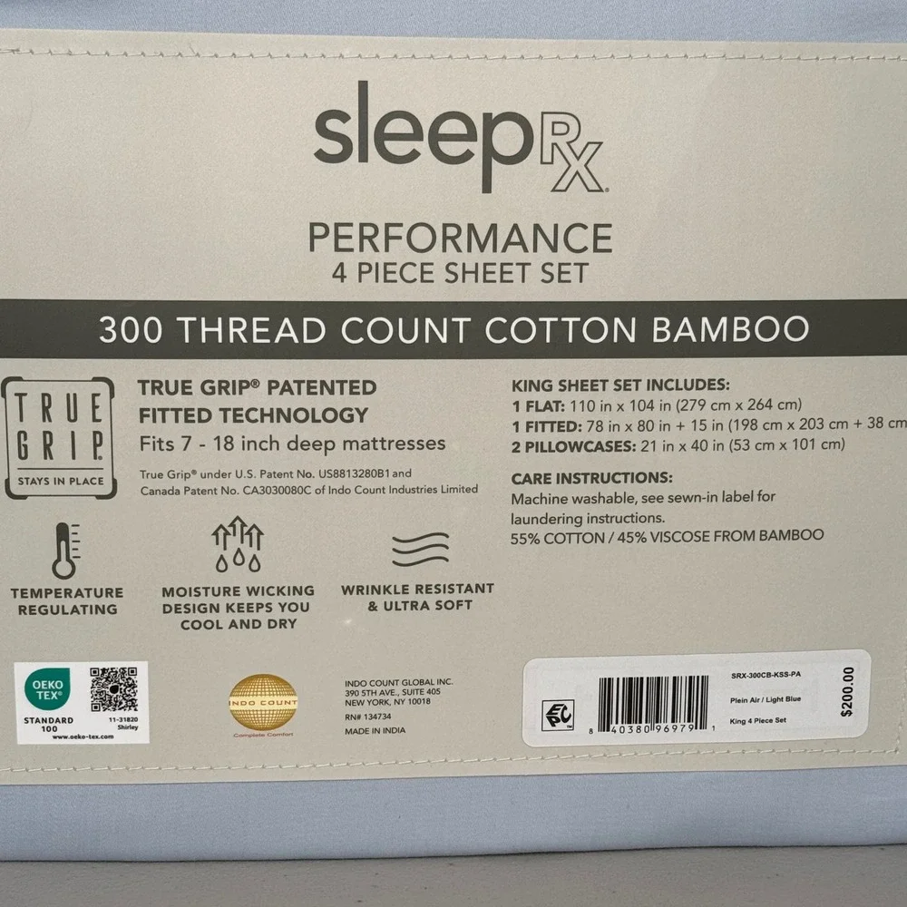 King Cotton Bamboo Sheet Set SleepRX Performance 300TC Cooling Light Blue NWT